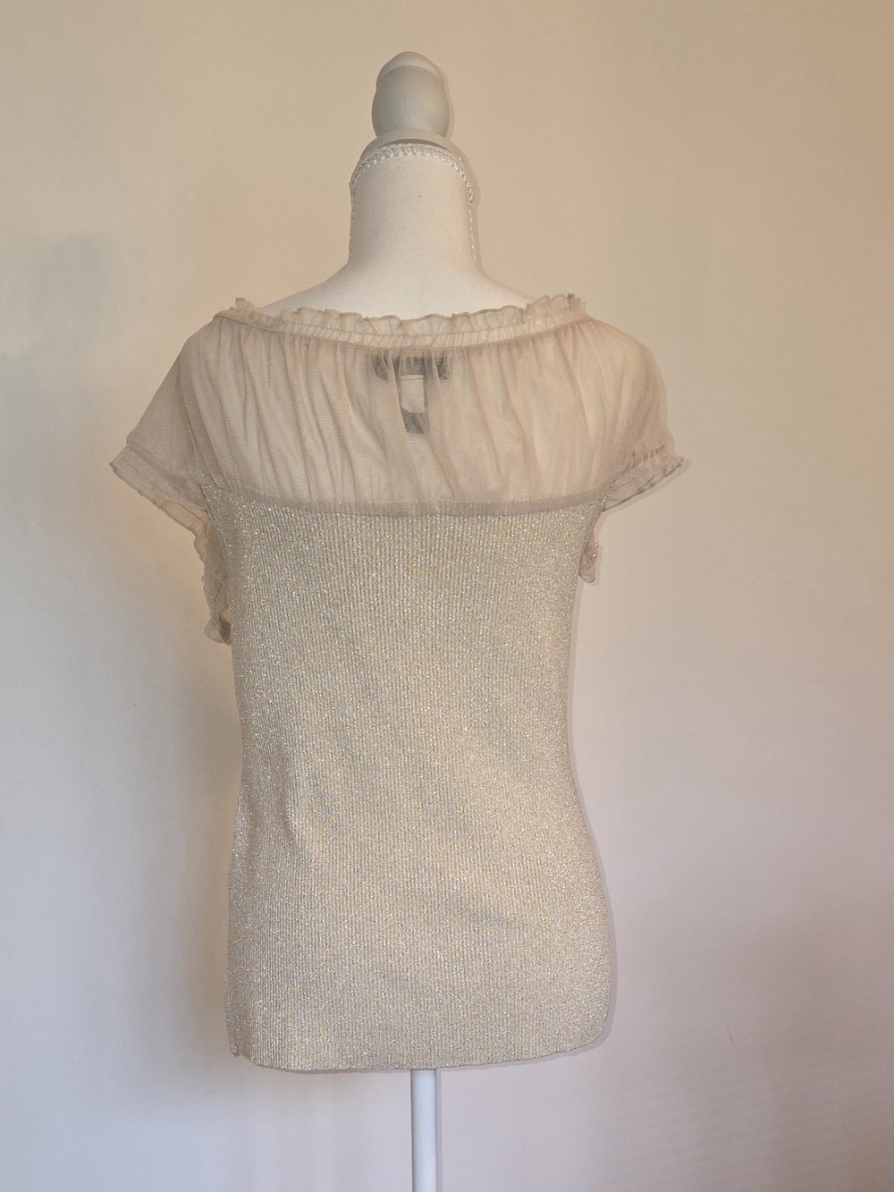 Cable & Gauge Champagne Sparkle Sheer-Yoke Short Sleeve Top - Picture 2 of 11